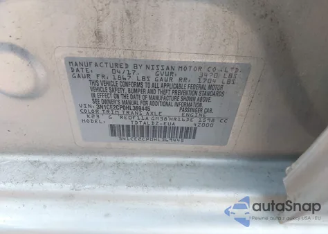 2017 Nissan Versa Note Sv z USA, uszkodzony, nr VIN 3N1CE2CP0HL369445